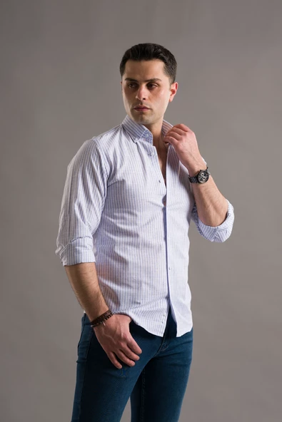 EVRYTİME SLİMFİT YAKA DÜĞMELİ ÇİZGİLİ UZUN KOL YAZLIK ERKEK GÖMLEK - Resim 8