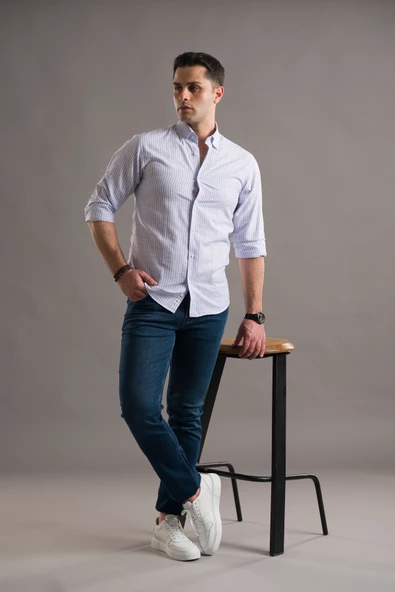 EVRYTİME SLİMFİT YAKA DÜĞMELİ ÇİZGİLİ UZUN KOL YAZLIK ERKEK GÖMLEK - Resim 6