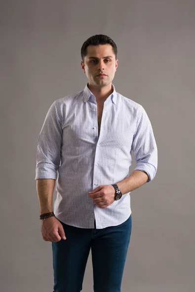 EVRYTİME SLİMFİT YAKA DÜĞMELİ ÇİZGİLİ UZUN KOL YAZLIK ERKEK GÖMLEK - Resim 7