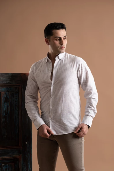 EVRYTİME SLİMFİT YAKA DÜĞMELİ ÇİZGİLİ UZUN KOL YAZLIK ERKEK GÖMLEK - Resim 2