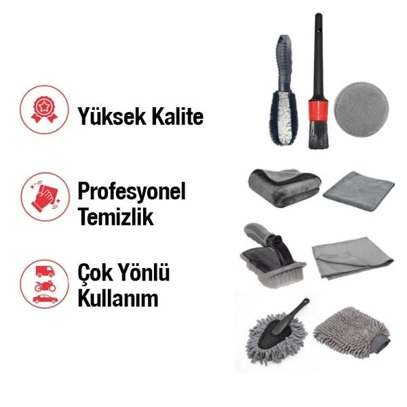 Polham 9 Parçalı Araba, Motorsiklet İçin Detaylı Temizleme Seti, Oto Bakım Seti, Mikrofiber Set - 3