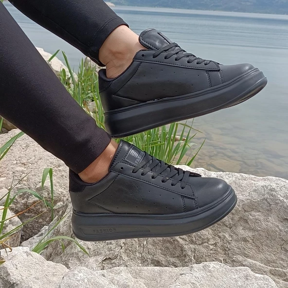 Darkstep 156 Siyah-Siyah Fuspetli Sneaker Düz Taban Spor Ayakkabı - 2