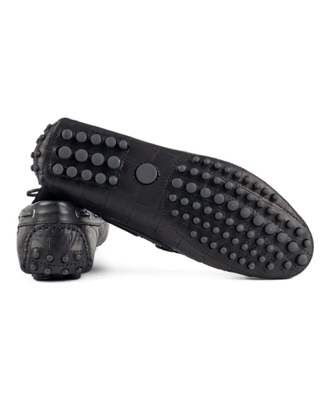 Side Siyah Kroko Hakiki Deri Erkek Loafer Ayakkabı - Resim 3