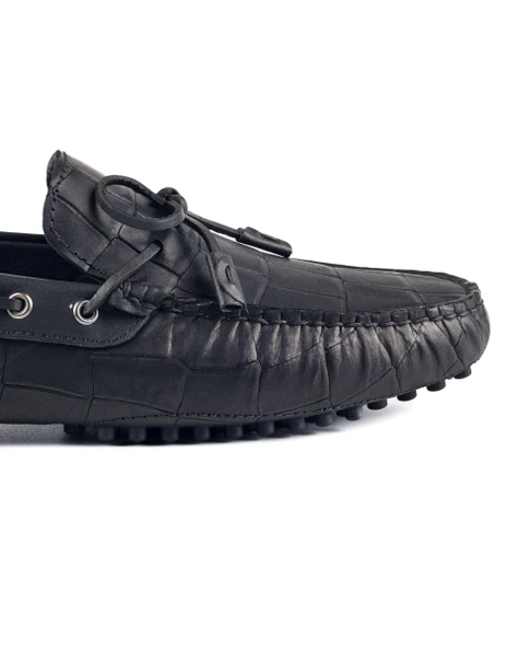 Side Siyah Kroko Hakiki Deri Erkek Loafer Ayakkabı - Resim 5