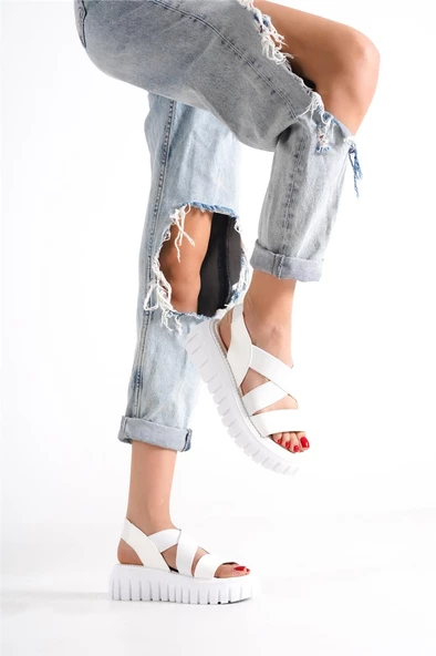 Minga Ortopedik Yüksek Taban Beyaz Kadın Sandalet