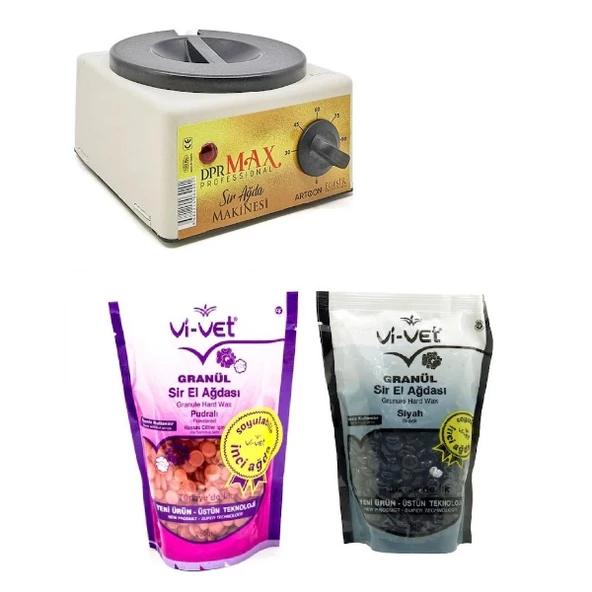 Ege Sir Dpr Max Ağda Makinesi + Vi-Vet Pudralı Granül İnci Ağda 250 G + Siyah Granül İnci Ağda 250 G