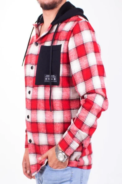 Dagoster DMG23-193714 Kırmızı Günlük Kapüşonlu Oversize Oduncu Erkek Gömlek