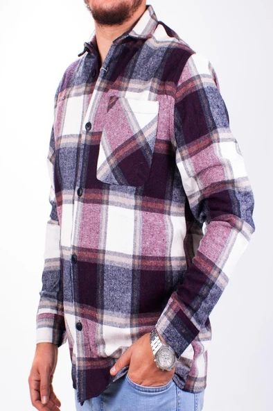 Dagoster DMG23-194635 Bordo Günlük Tek Cep Ekose Oduncu Oversize Erkek Gömlek