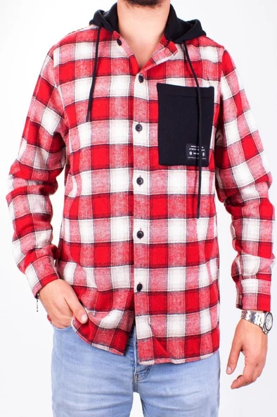 Dagoster DMG23-193714 Kırmızı Günlük Kapüşonlu Oversize Oduncu Erkek Gömlek - 3
