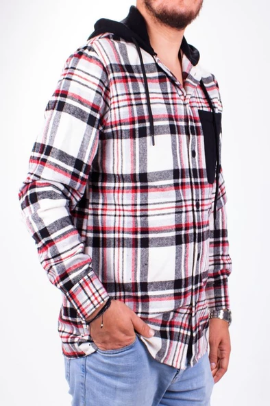 Dagoster DMG23-193714 Ekru Kırmızı Günlük Kapüşonlu Oversize Oduncu Erkek Gömlek - 2