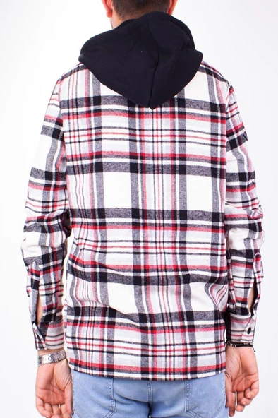 Dagoster DMG23-193714 Ekru Kırmızı Günlük Kapüşonlu Oversize Oduncu Erkek Gömlek - 4