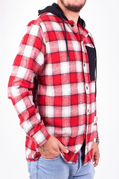 Dagoster DMG23-193714 Kırmızı Günlük Kapüşonlu Oversize Oduncu Erkek Gömlek - 2