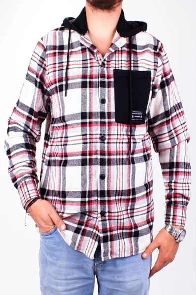 Dagoster DMG23-193714 Ekru Kırmızı Günlük Kapüşonlu Oversize Oduncu Erkek Gömlek - 3