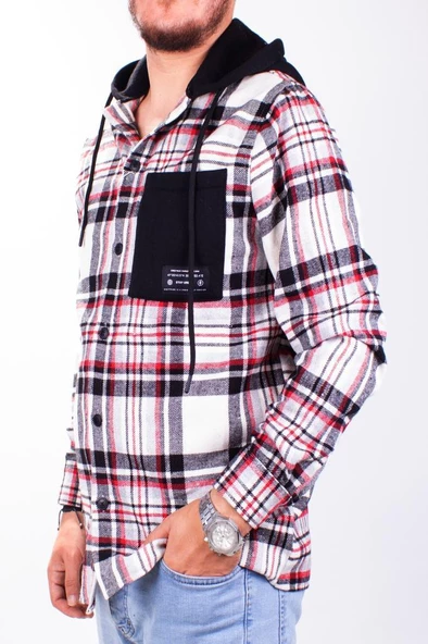 Dagoster DMG23-193714 Ekru Kırmızı Günlük Kapüşonlu Oversize Oduncu Erkek Gömlek