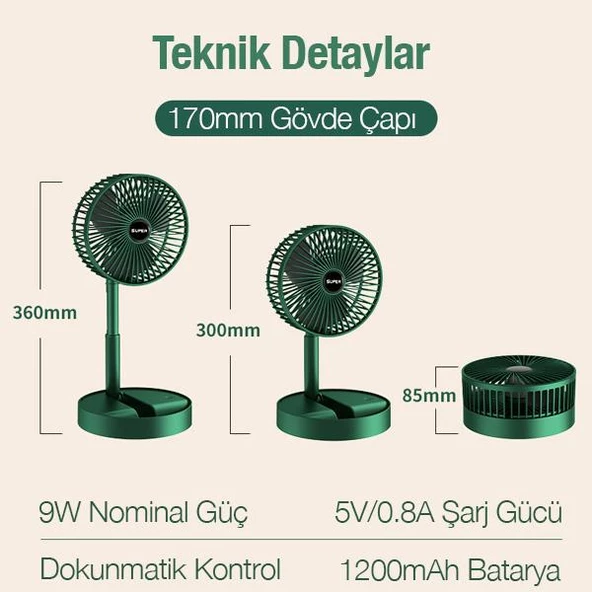 Polham 1200mAh Dokunmatik Ultra Hızlı ve Sessiz Masaüstü Vantilatör, Katlanabilir, Portatif, Taşınabilir Fan - 5