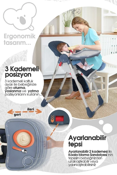 Kiwi Koala All İn One Katlanır Tekerlekli Mama Sandalyesi Gray - 3