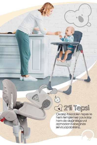 Kiwi Koala All in One Katlanır Tekerlekli Mama Sandalyesi Latte - 3