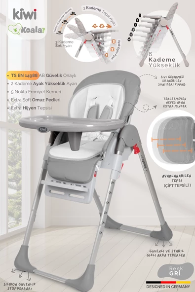 Kiwi Koala All İn One Katlanır Tekerlekli Mama Sandalyesi Gray