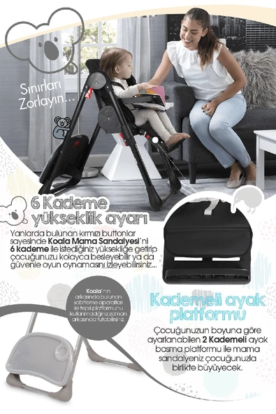 Kiwi Koala All in One Katlanır Tekerlekli Mama Sandalyesi Siyah - 3