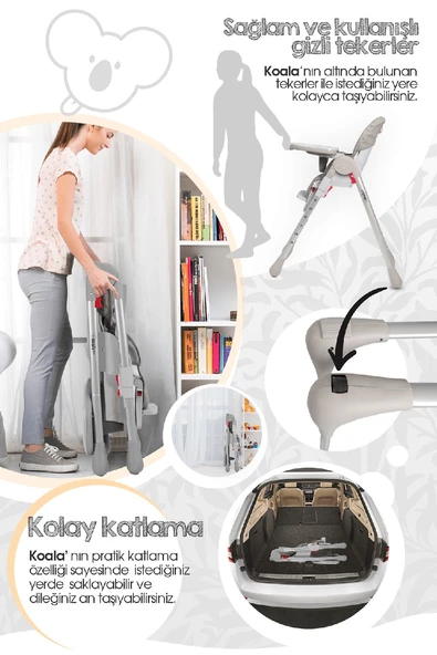 Kiwi Koala All İn One Katlanır Tekerlekli Mama Sandalyesi Somon - 4