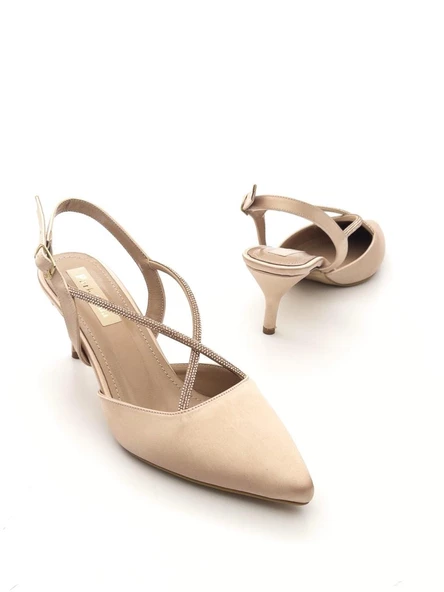 Potinonline K710 Kadın Saten Taşlı Arkası Açık Küçük Topuk Abiye Ayakkabı - 5