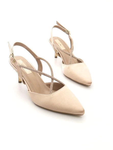 Potinonline K710 Kadın Saten Taşlı Arkası Açık Küçük Topuk Abiye Ayakkabı - 7