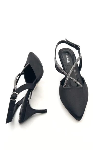 Potinonline K710 Kadın Saten Taşlı Arkası Açık Küçük Topuk Abiye Ayakkabı - 3