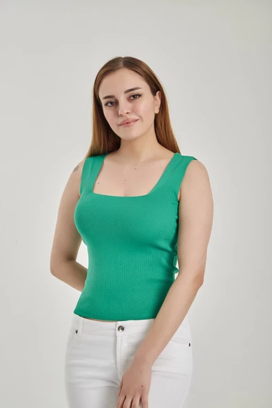 Modatalika Kadın Kare Yaka Crop Triko Bluz - Resim 8