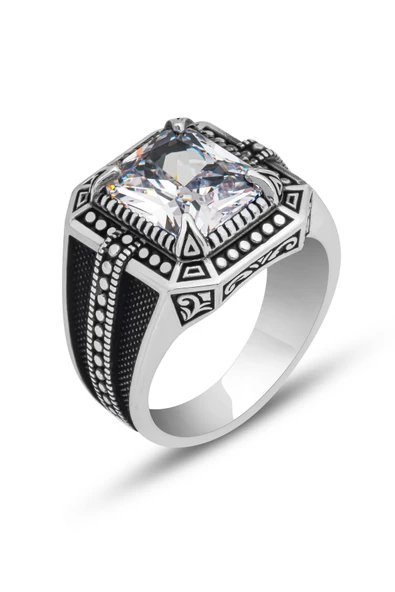 Beyaz Zirkon Taşlı Kare Tasarım 925 Gümüş Erkek Yüzük - Resim 4