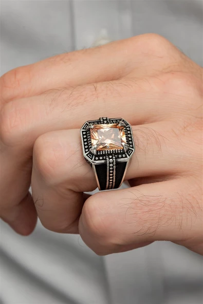 Sitrin Taşlı Kare Tasarım 925 Gümüş Erkek Yüzük