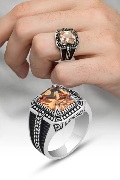 Sitrin Taşlı Kare Tasarım 925 Gümüş Erkek Yüzük - 5