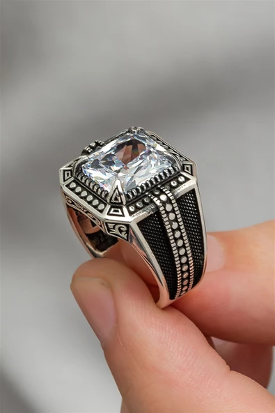 Beyaz Zirkon Taşlı Kare Tasarım 925 Gümüş Erkek Yüzük - Resim 2