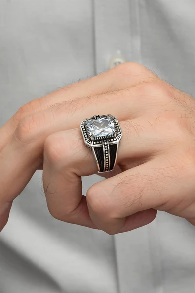 Beyaz Zirkon Taşlı Kare Tasarım 925 Gümüş Erkek Yüzük - Resim 7