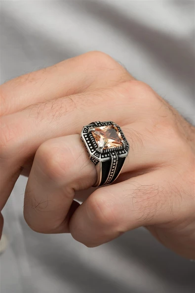 Sitrin Taşlı Kare Tasarım 925 Gümüş Erkek Yüzük - 7