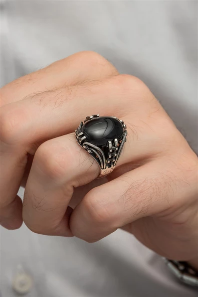 Siyah Oniks Taşlı Oval 925 Gümüş Erkek Yüzük - Resim 2