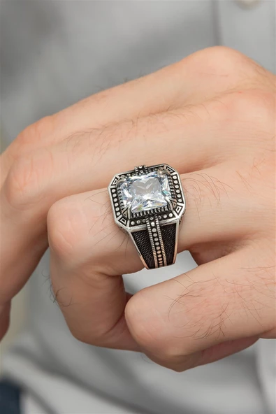 Beyaz Zirkon Taşlı Kare Tasarım 925 Gümüş Erkek Yüzük - Resim 8