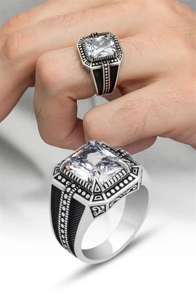 Beyaz Zirkon Taşlı Kare Tasarım 925 Gümüş Erkek Yüzük - Resim 3