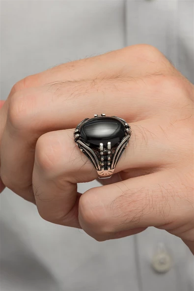 Siyah Oniks Taşlı Oval 925 Gümüş Erkek Yüzük ürün görseli