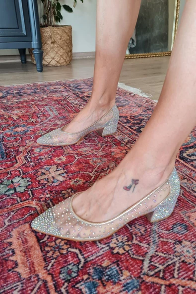 135 5335 Topukla Kadın Kalın Topuklu Taşlı Tül Abiye Ayakkabı - 2