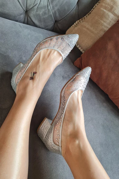 135 5335 Topukla Kadın Kalın Topuklu Taşlı Tül Abiye Ayakkabı - 5