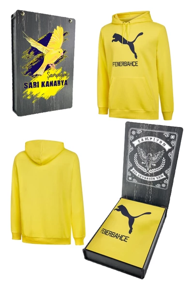 Fenerbahçe Orijinal Puma Kapüşonlu Sarı Sweat Hediyelik Ahşap Kutulu