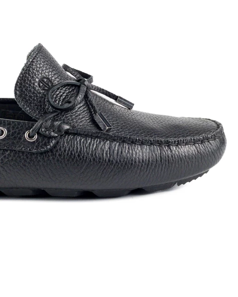 Ancrya Siyah Hakiki Deri Deri Erkek Loafer Ayakkabı - Resim 5