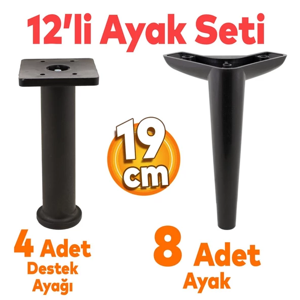 Piko Mobilya Ayağı 12'li Set Robot Süpürge Için Koltuk Kanepe Destek 19 Cm Siyah Ayakları
