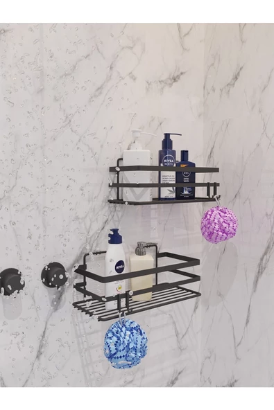 Ömür Boyu Paslanmaz Yapışkanlı Banyo Düzenleyici Şampuanlık Tek Katlı Duş Rafı 2 Adet Siyah LM-01 - Resim 4