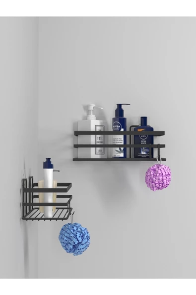 Ömür Boyu Paslanmaz Yapışkanlı Banyo Düzenleyici Şampuanlık Tek Katlı Duş Rafı 2 Adet Siyah LM-01 - Resim 5