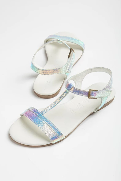 Beyaz Hologram Kadın Hakiki Deri Sandalet 130-20BYZ - 3