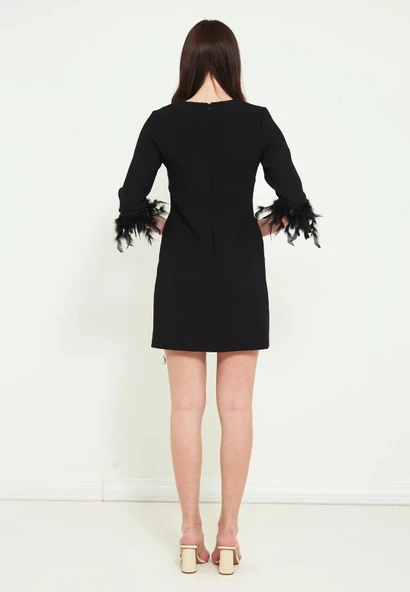 Modatalika Kadın Midi Boy Kolu Tüy Detaylı Elbise - 6