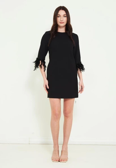 Modatalika Kadın Midi Boy Kolu Tüy Detaylı Elbise - 4