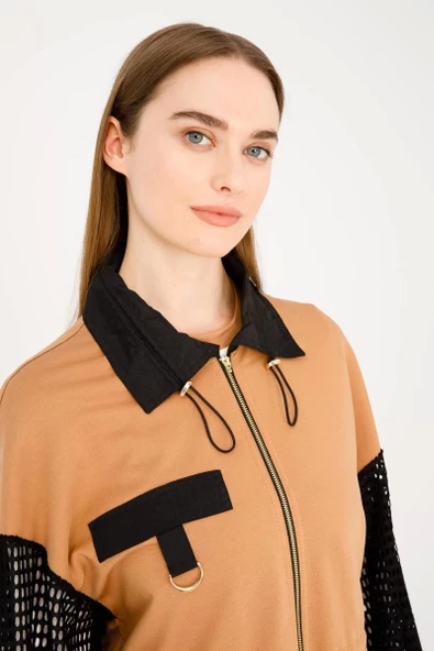 File Detaylı İpeksi İki İplik Üçlü Takım - Camel - 6