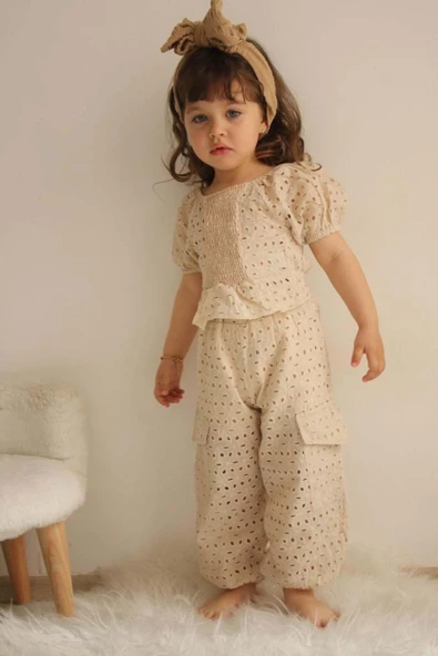 KIZ ÇOCUK KISA KOL KARGO CEPLİ PANTOLON TAKIM - 2